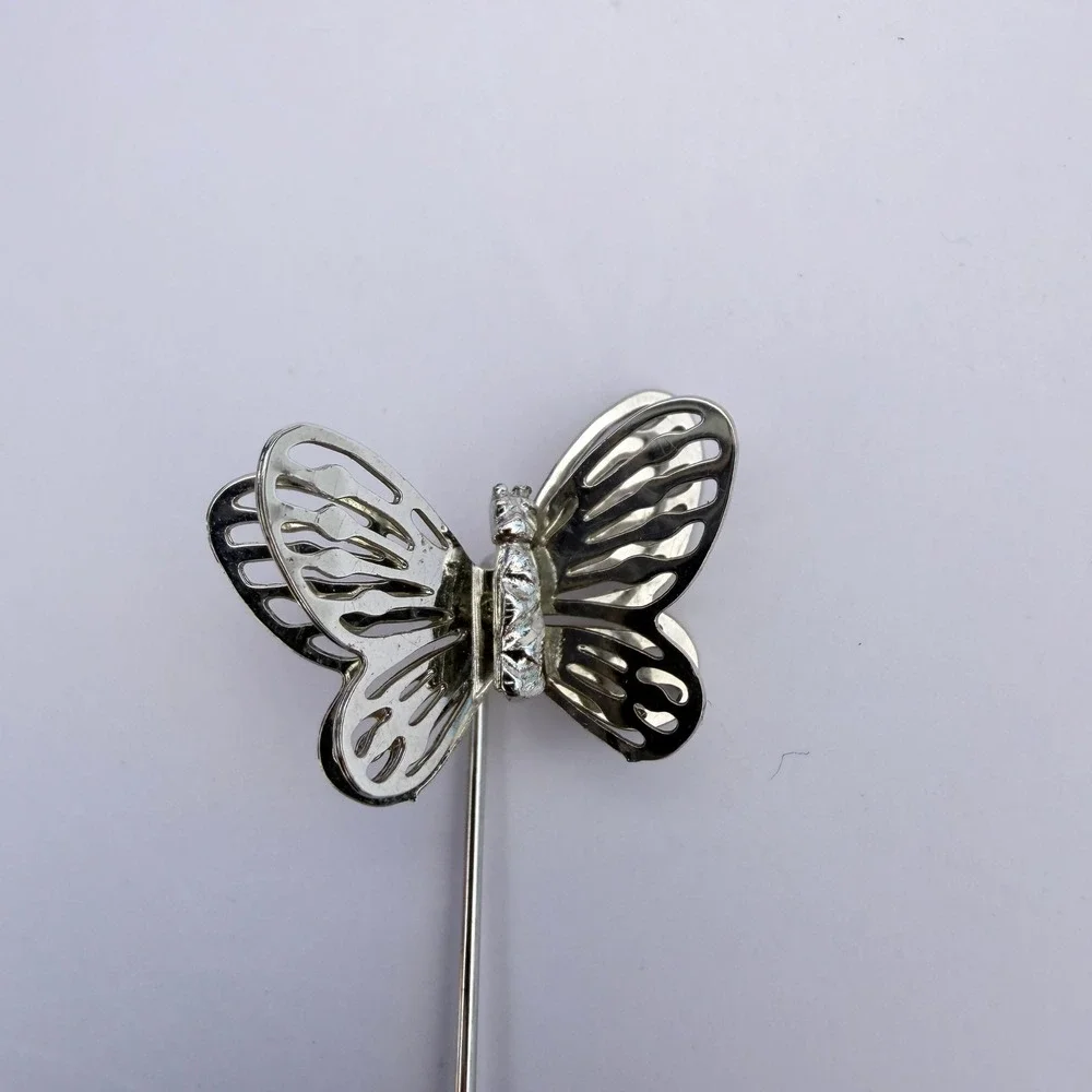 Butterfly Stick Pin Silver Tone Filigree Lapel Hat Jewelry Whimsical Nature